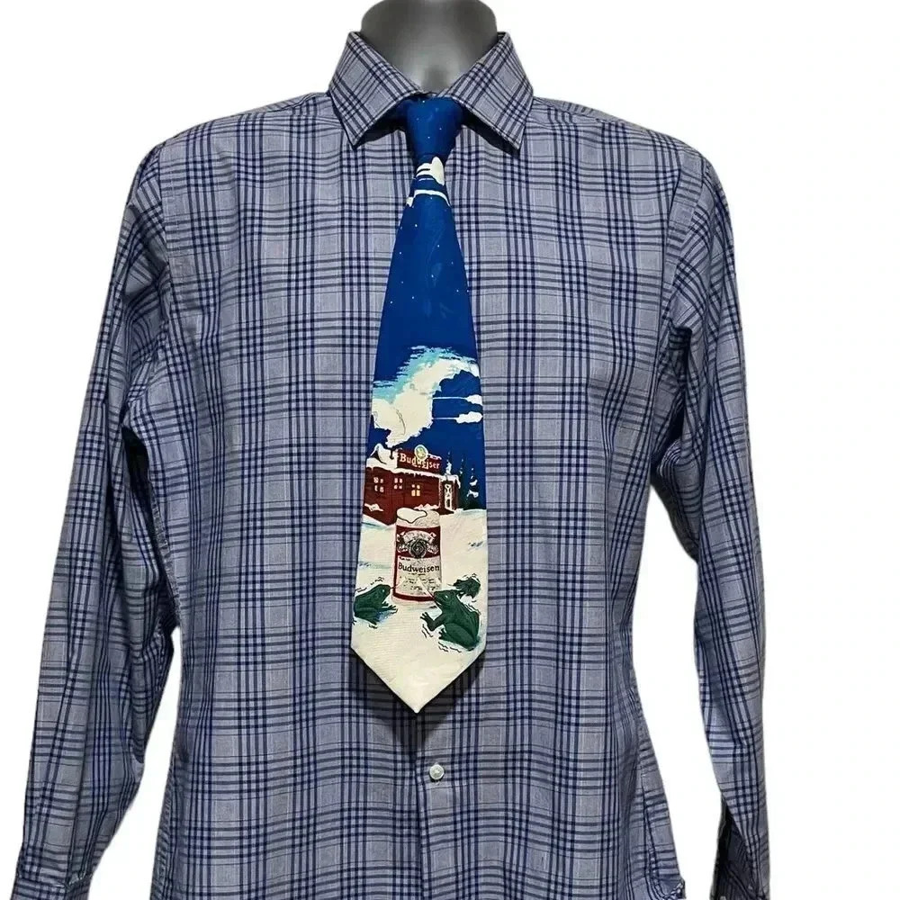🍀2/$22 NWT Vintage 90s Budweiser Frog Cabin Winter Christmas Mens Necktie Blue - Picture 9 of 9